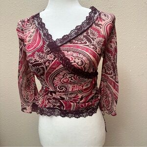 Vintage Y2K 100% Silk Lace Purple Pink 3/4 Sleeve Wrap Top Small Banana Republic